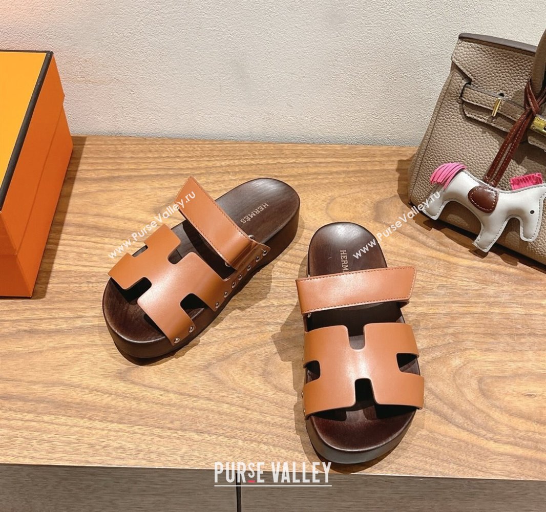 Hermes Kos Clog Slides Sandal 4cm in Calfskin Leather and Wood Outsole Tan Brown 2025 0419 (XC-250419055)