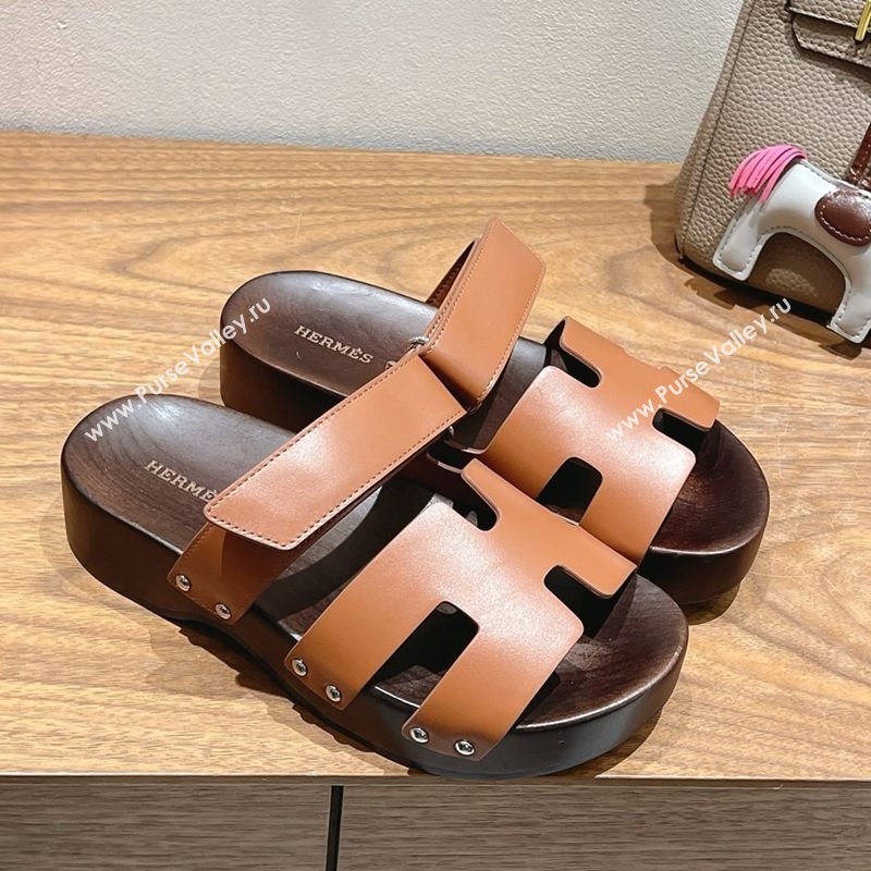 Hermes Kos Clog Slides Sandal 4cm in Calfskin Leather and Wood Outsole Tan Brown 2025 0419 (XC-250419055)