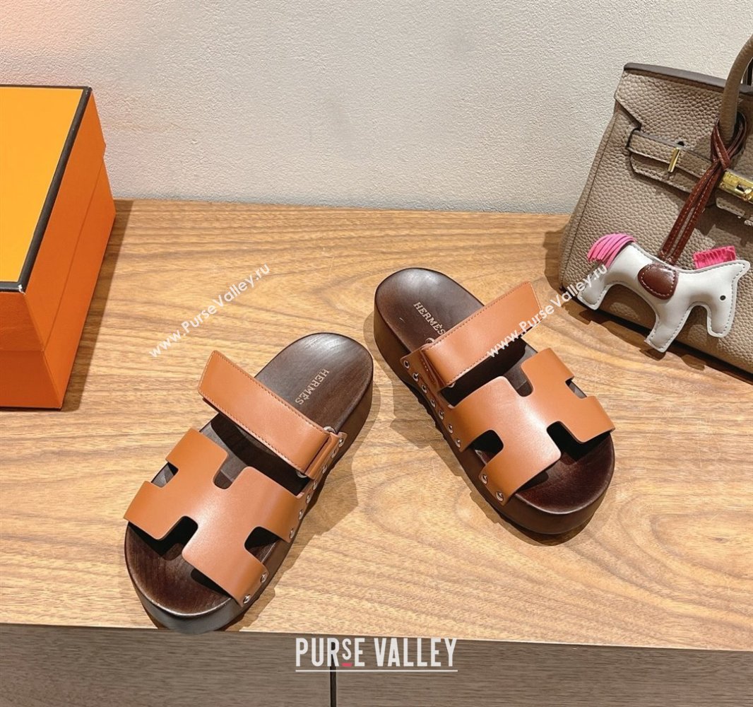 Hermes Kos Clog Slides Sandal 4cm in Calfskin Leather and Wood Outsole Tan Brown 2025 0419 (XC-250419055)
