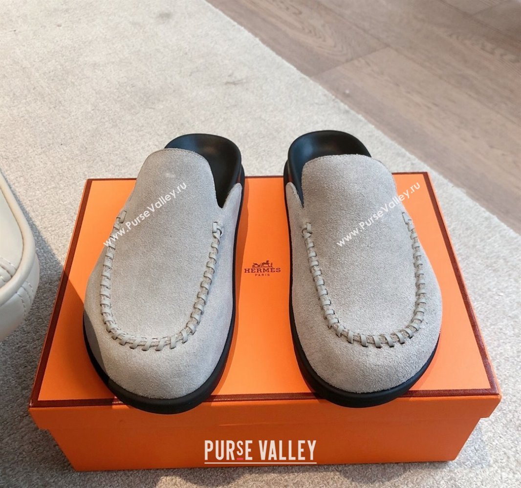 Hermes Johan Flat Mules in Suede Grey 2025 0418 (XC-250418118)