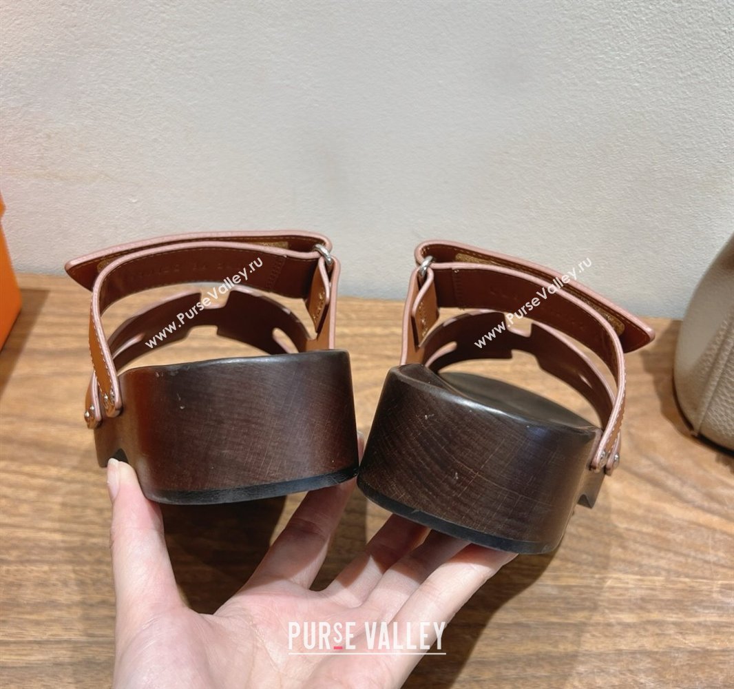 Hermes Kos Clog Slides Sandal 4cm in Calfskin Leather and Wood Outsole Tan Brown 2025 0419 (XC-250419055)