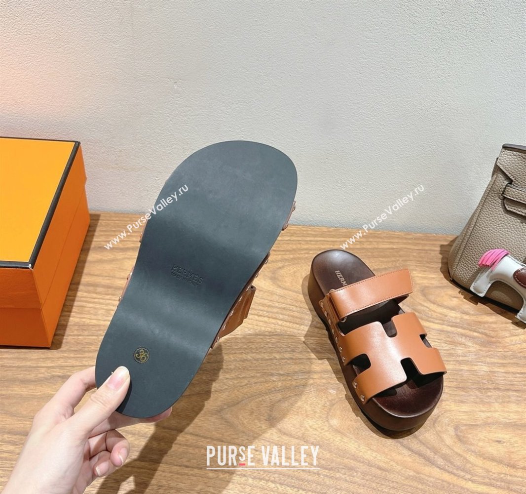 Hermes Kos Clog Slides Sandal 4cm in Calfskin Leather and Wood Outsole Tan Brown 2025 0419 (XC-250419055)