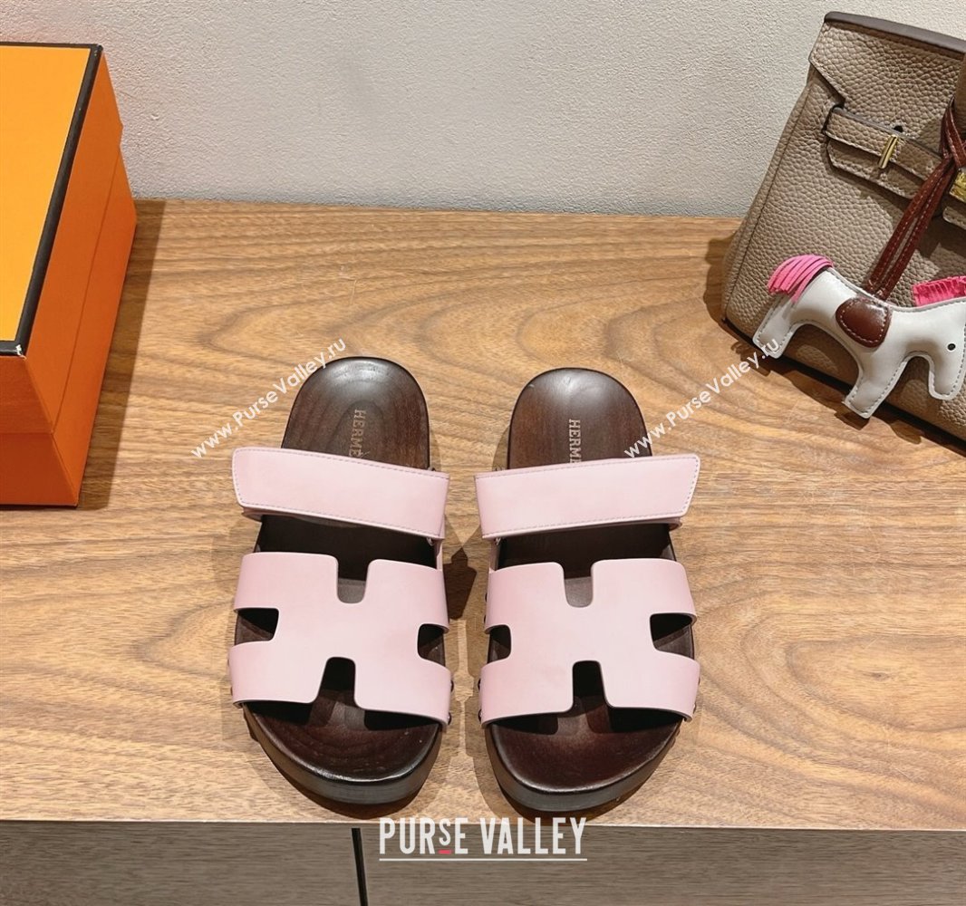 Hermes Kos Clog Slides Sandal 4cm in Calfskin Leather and Wood Outsole Pink 2025 0419 (XC-250419056)