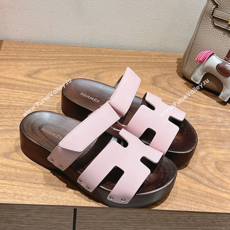 Hermes Kos Clog Slides Sandal 4cm in Calfskin Leather and Wood Outsole Pink 2025 0419 (XC-250419056)