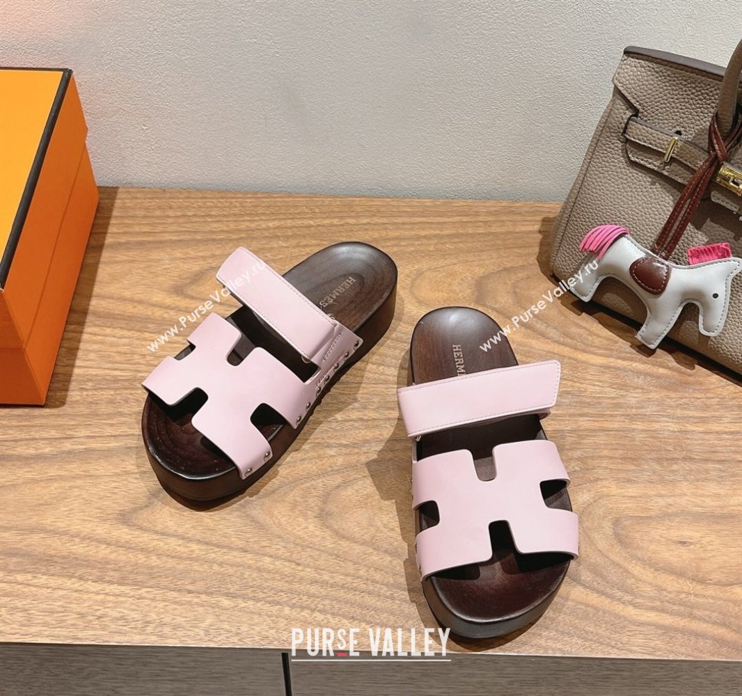 Hermes Kos Clog Slides Sandal 4cm in Calfskin Leather and Wood Outsole Pink 2025 0419 (XC-250419056)