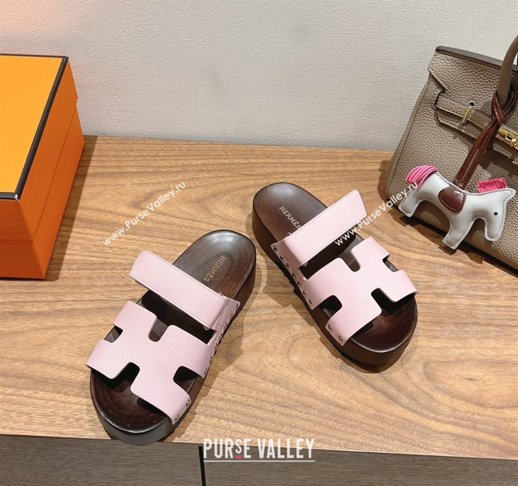 Hermes Kos Clog Slides Sandal 4cm in Calfskin Leather and Wood Outsole Pink 2025 0419 (XC-250419056)