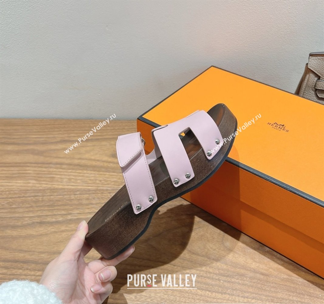 Hermes Kos Clog Slides Sandal 4cm in Calfskin Leather and Wood Outsole Pink 2025 0419 (XC-250419056)