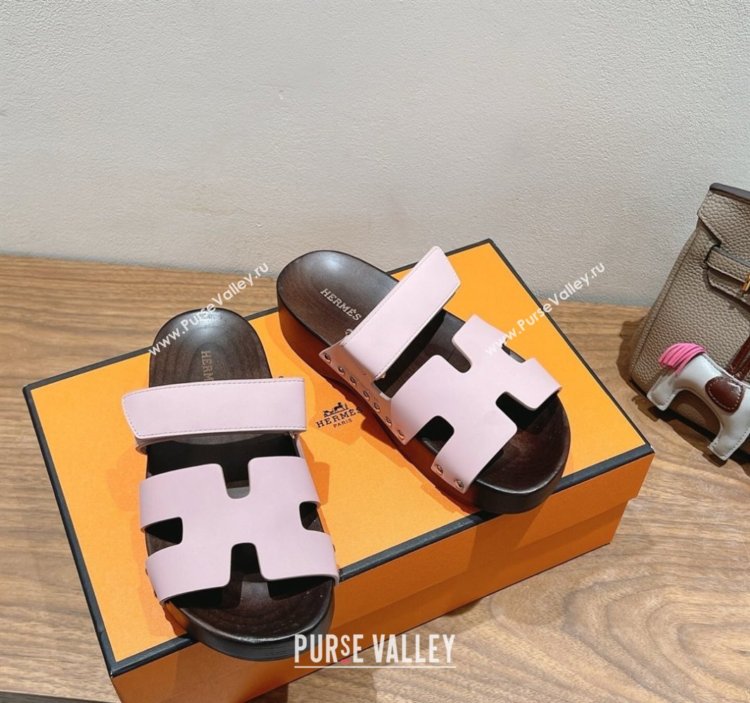 Hermes Kos Clog Slides Sandal 4cm in Calfskin Leather and Wood Outsole Pink 2025 0419 (XC-250419056)