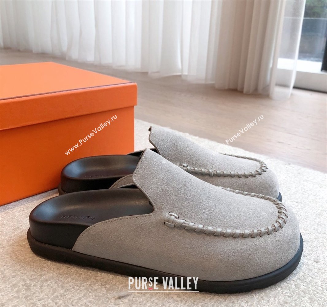 Hermes Johan Flat Mules in Suede Grey 2025 0418 (XC-250418118)