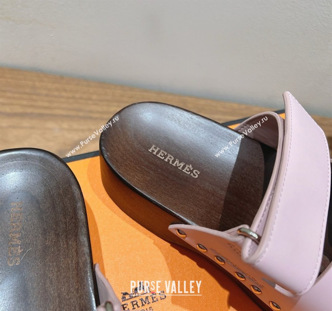Hermes Kos Clog Slides Sandal 4cm in Calfskin Leather and Wood Outsole Pink 2025 0419 (XC-250419056)