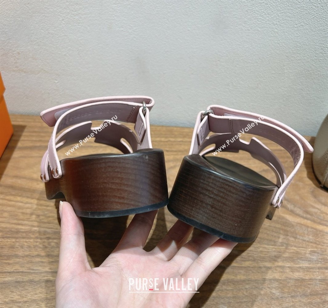 Hermes Kos Clog Slides Sandal 4cm in Calfskin Leather and Wood Outsole Pink 2025 0419 (XC-250419056)