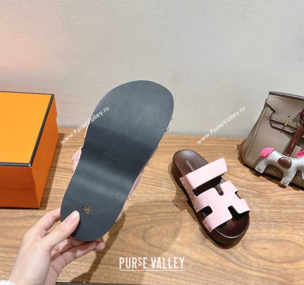 Hermes Kos Clog Slides Sandal 4cm in Calfskin Leather and Wood Outsole Pink 2025 0419 (XC-250419056)