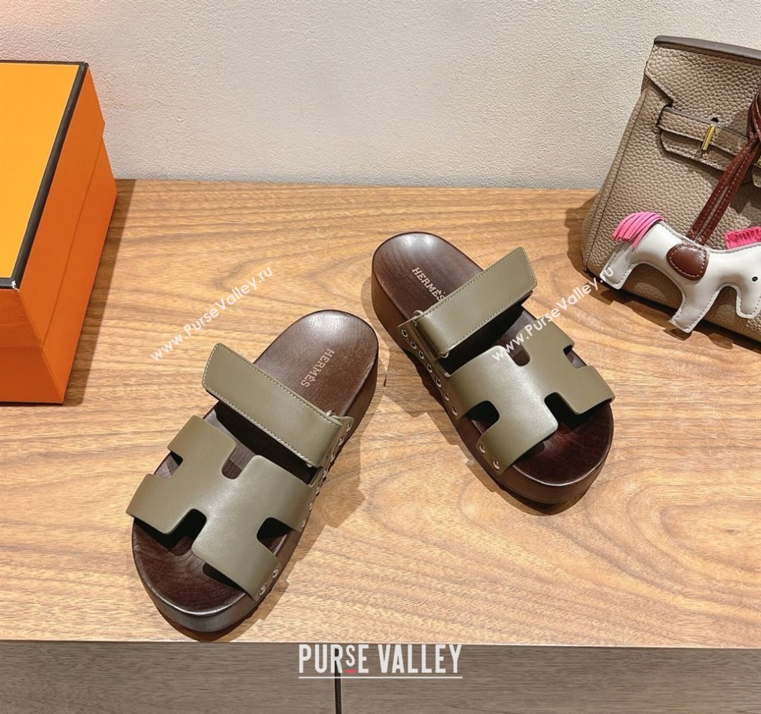 Hermes Kos Clog Slides Sandal 4cm in Calfskin Leather and Wood Outsole Green 2025 0419 (XC-250419057)