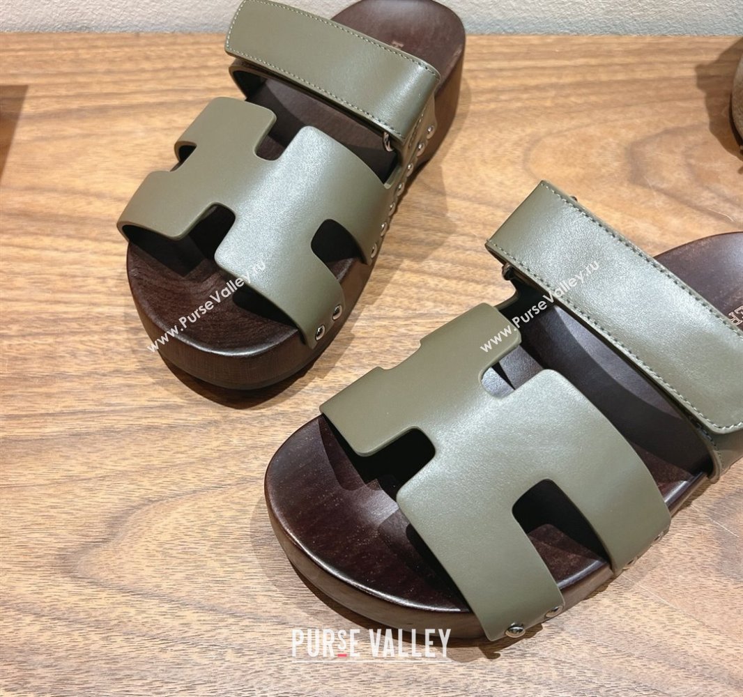 Hermes Kos Clog Slides Sandal 4cm in Calfskin Leather and Wood Outsole Green 2025 0419 (XC-250419057)