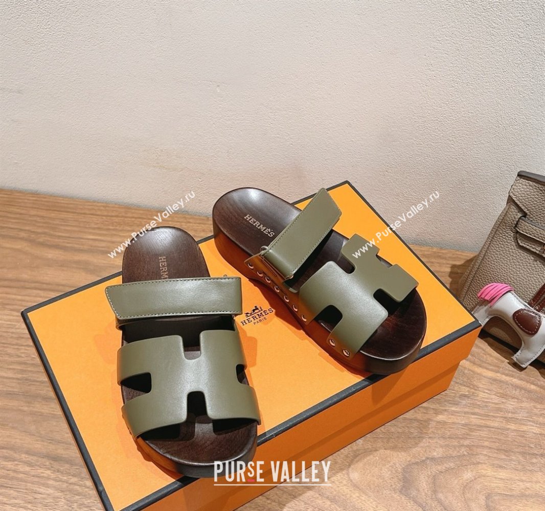 Hermes Kos Clog Slides Sandal 4cm in Calfskin Leather and Wood Outsole Green 2025 0419 (XC-250419057)