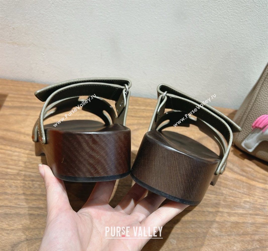 Hermes Kos Clog Slides Sandal 4cm in Calfskin Leather and Wood Outsole Green 2025 0419 (XC-250419057)