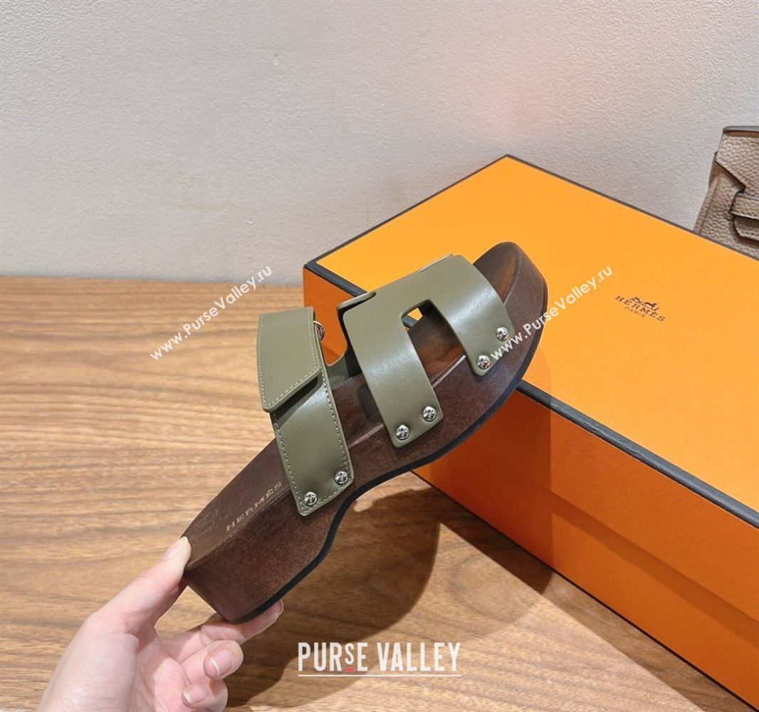 Hermes Kos Clog Slides Sandal 4cm in Calfskin Leather and Wood Outsole Green 2025 0419 (XC-250419057)