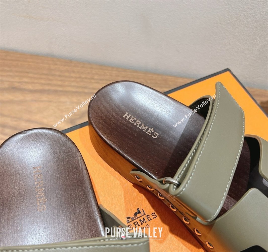 Hermes Kos Clog Slides Sandal 4cm in Calfskin Leather and Wood Outsole Green 2025 0419 (XC-250419057)