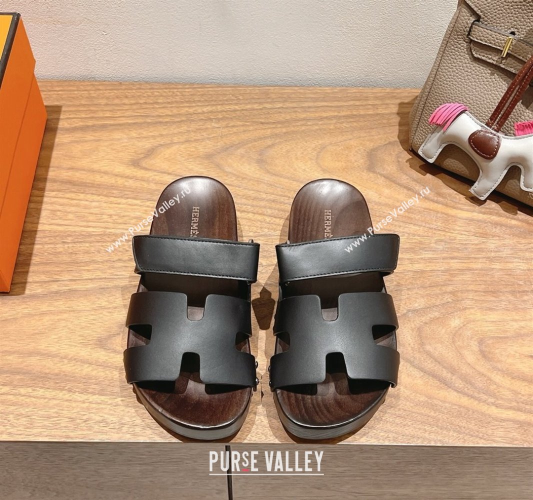 Hermes Kos Clog Slides Sandal 4cm in Calfskin Leather and Wood Outsole Black 2025 0419 (XC-250419058)