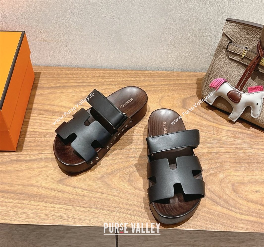 Hermes Kos Clog Slides Sandal 4cm in Calfskin Leather and Wood Outsole Black 2025 0419 (XC-250419058)