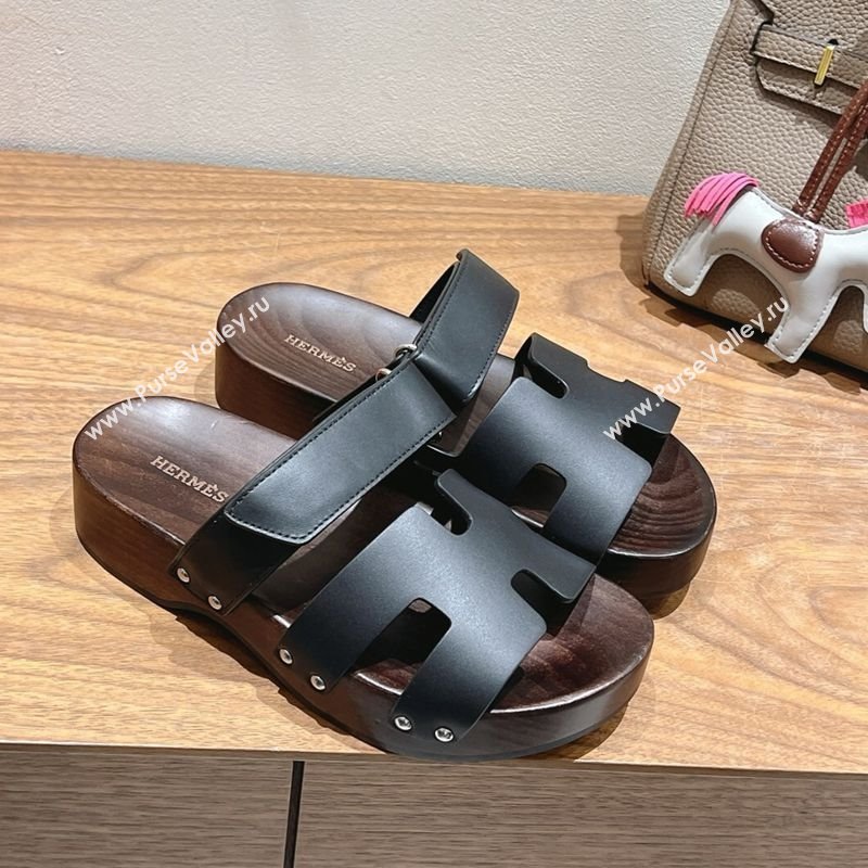 Hermes Kos Clog Slides Sandal 4cm in Calfskin Leather and Wood Outsole Black 2025 0419 (XC-250419058)