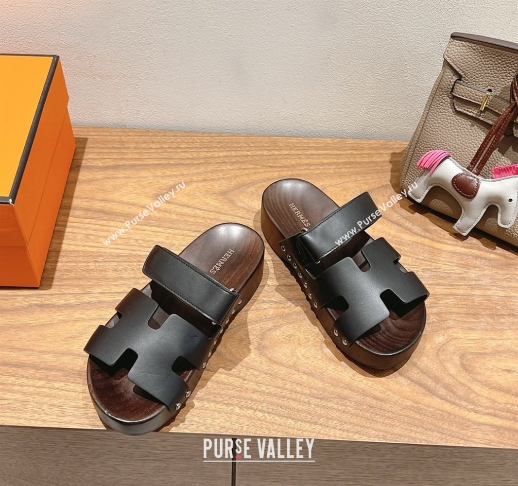Hermes Kos Clog Slides Sandal 4cm in Calfskin Leather and Wood Outsole Black 2025 0419 (XC-250419058)