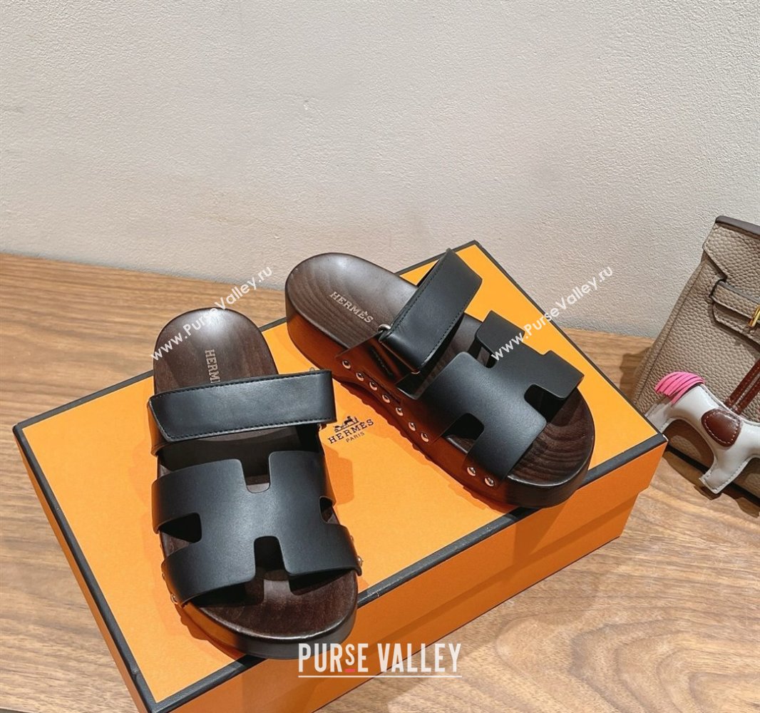 Hermes Kos Clog Slides Sandal 4cm in Calfskin Leather and Wood Outsole Black 2025 0419 (XC-250419058)