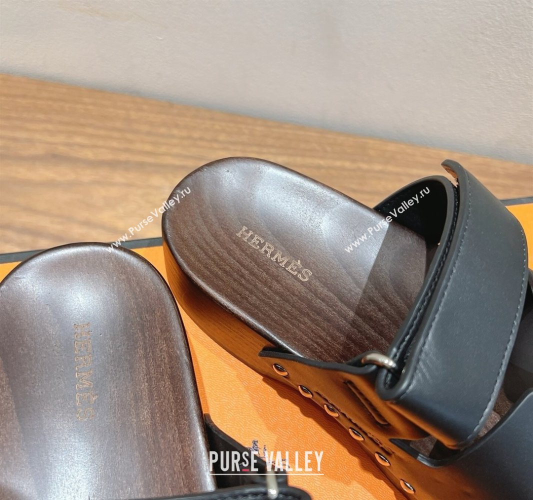 Hermes Kos Clog Slides Sandal 4cm in Calfskin Leather and Wood Outsole Black 2025 0419 (XC-250419058)