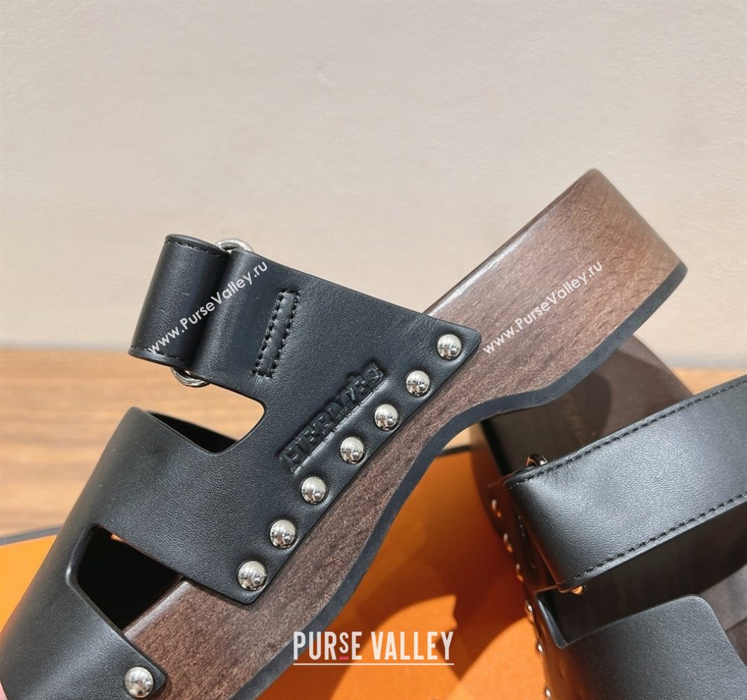 Hermes Kos Clog Slides Sandal 4cm in Calfskin Leather and Wood Outsole Black 2025 0419 (XC-250419058)