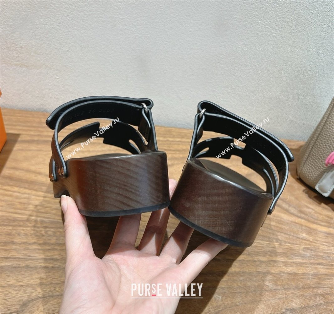 Hermes Kos Clog Slides Sandal 4cm in Calfskin Leather and Wood Outsole Black 2025 0419 (XC-250419058)