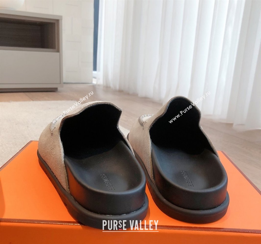 Hermes Johan Flat Mules in Suede Grey 2025 0418 (XC-250418118)