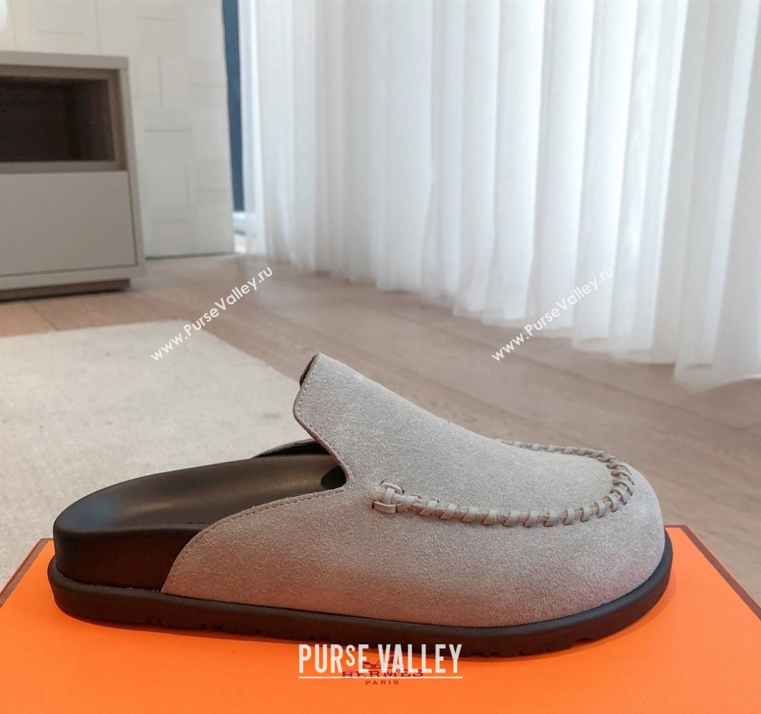 Hermes Johan Flat Mules in Suede Grey 2025 0418 (XC-250418118)