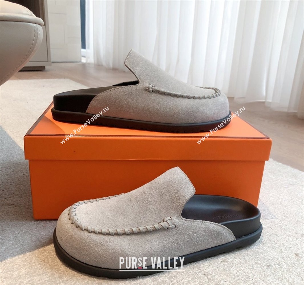 Hermes Johan Flat Mules in Suede Grey 2025 0418 (XC-250418118)