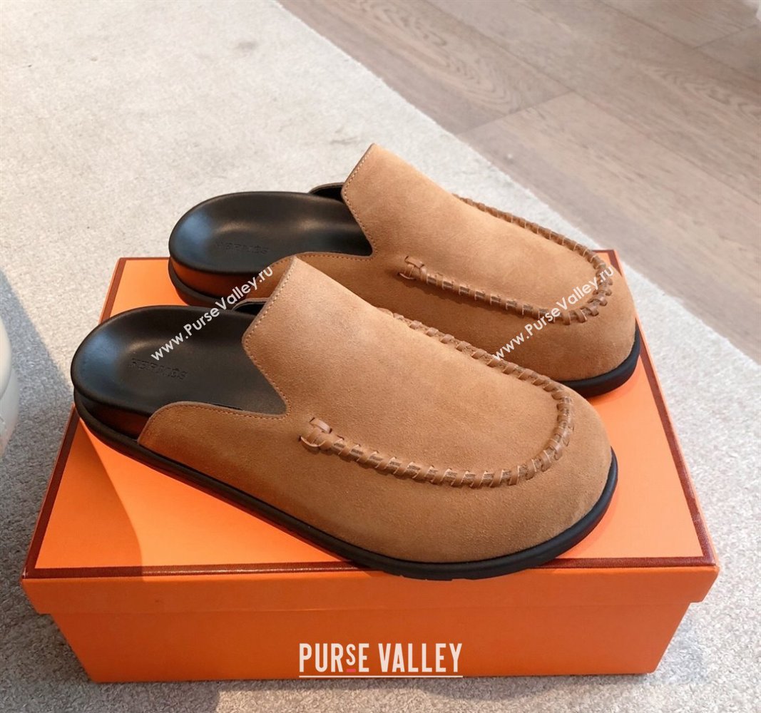 Hermes Johan Flat Mules in Suede Camel Brown 2025 0418 (XC-250418119)