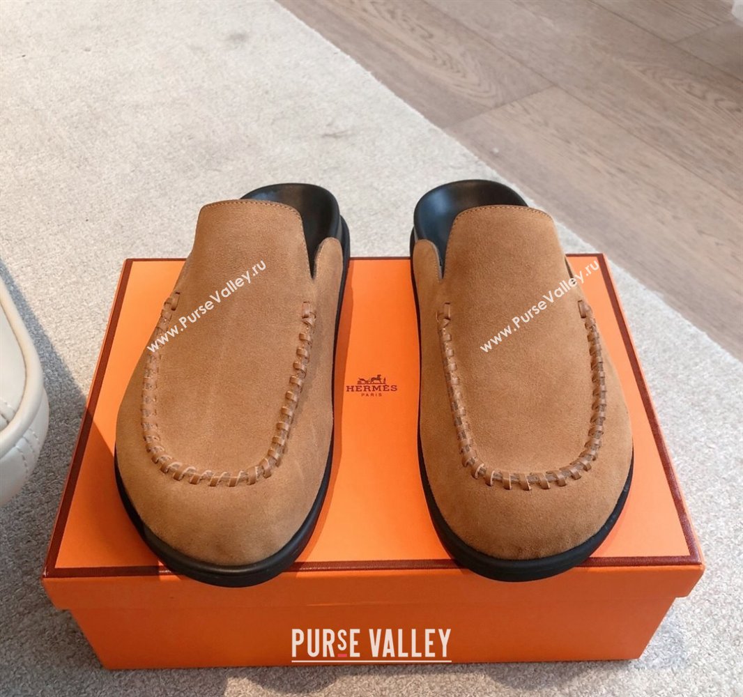 Hermes Johan Flat Mules in Suede Camel Brown 2025 0418 (XC-250418119)