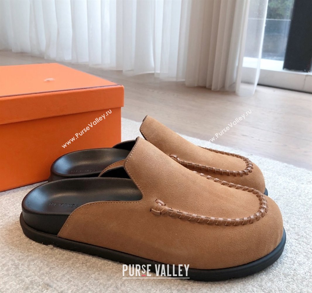 Hermes Johan Flat Mules in Suede Camel Brown 2025 0418 (XC-250418119)