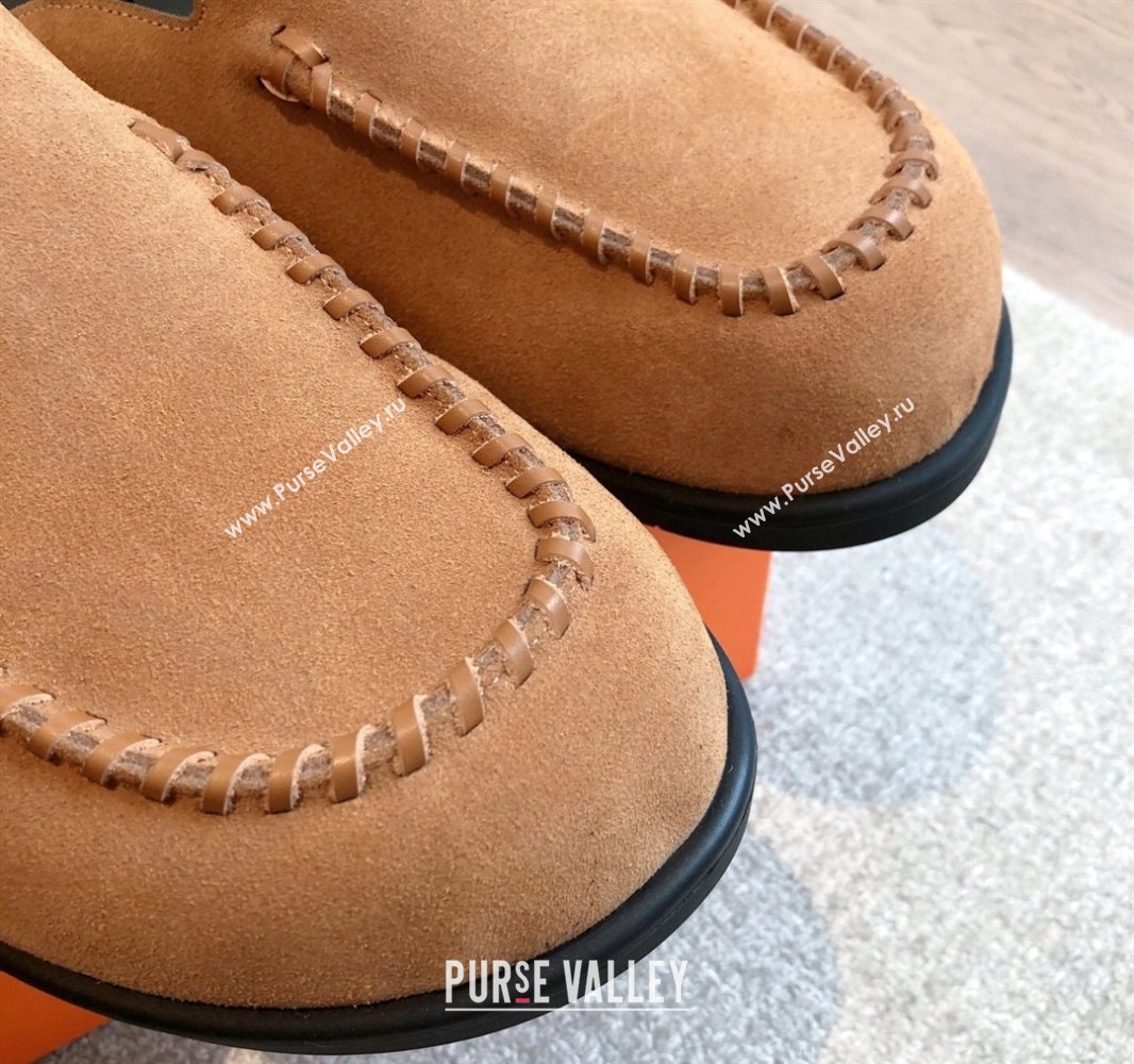 Hermes Johan Flat Mules in Suede Camel Brown 2025 0418 (XC-250418119)