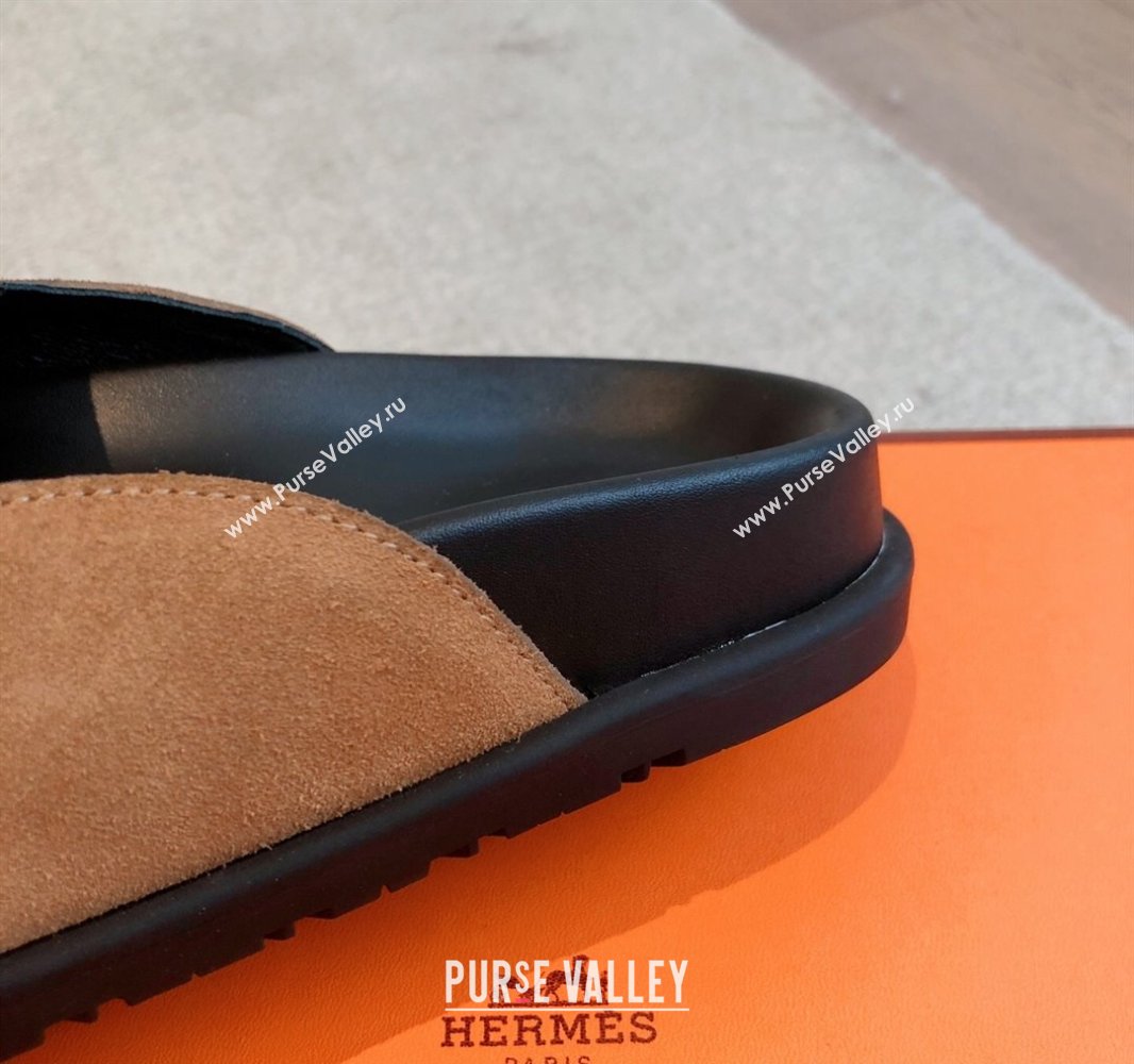 Hermes Johan Flat Mules in Suede Camel Brown 2025 0418 (XC-250418119)