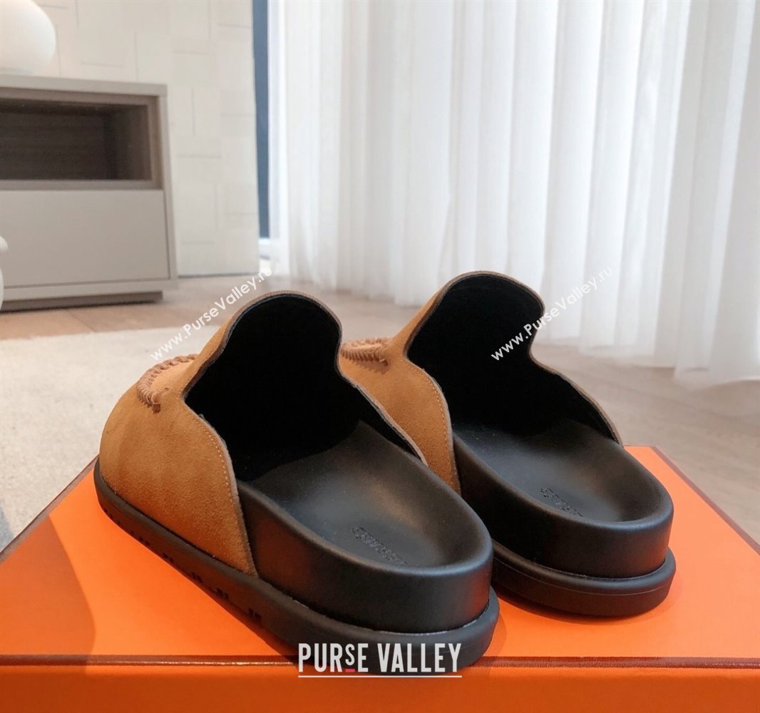 Hermes Johan Flat Mules in Suede Camel Brown 2025 0418 (XC-250418119)
