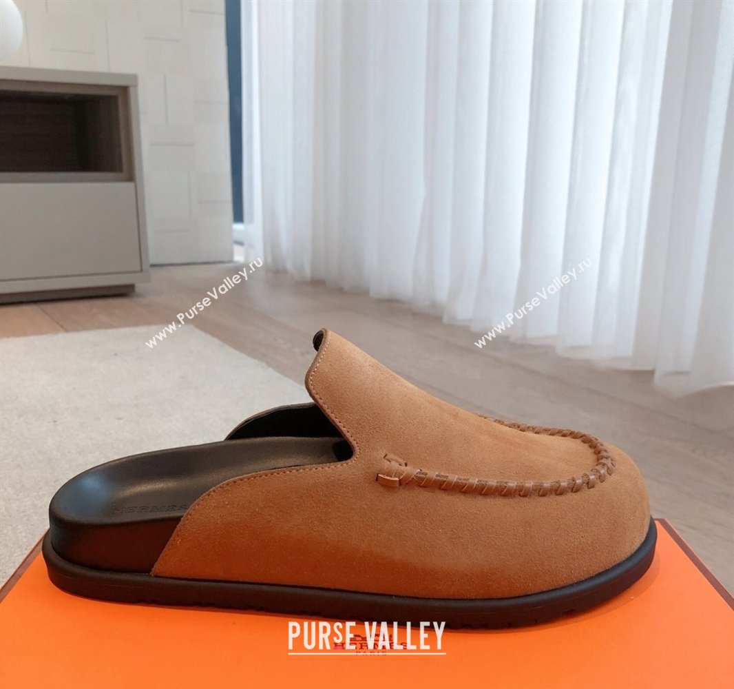 Hermes Johan Flat Mules in Suede Camel Brown 2025 0418 (XC-250418119)