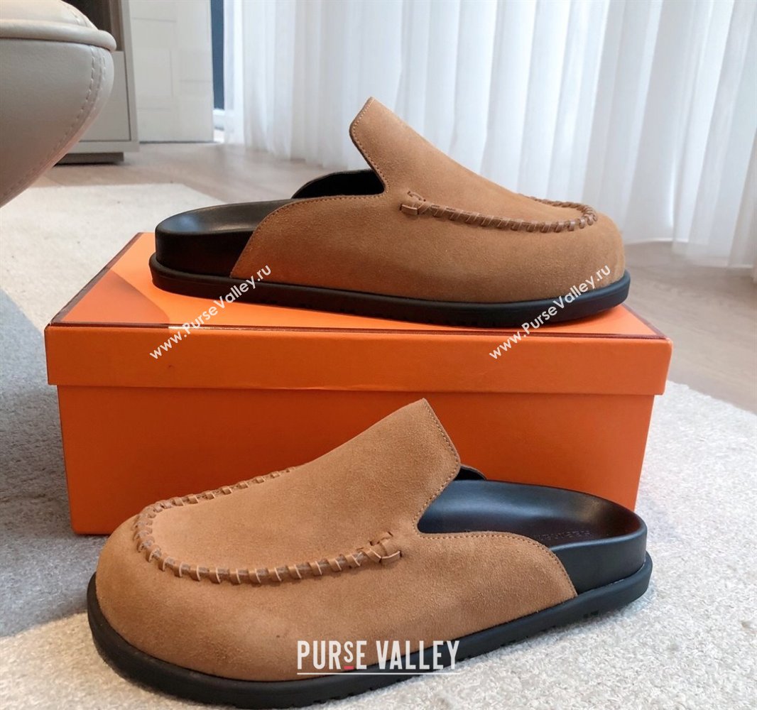 Hermes Johan Flat Mules in Suede Camel Brown 2025 0418 (XC-250418119)