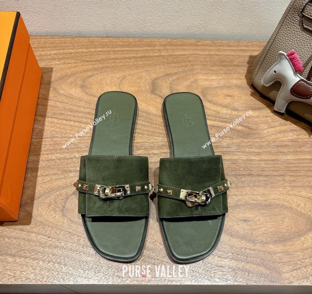 Hermes Giulia Flat Slides Sandal in Suede with Kelly Buckle and Studs Olive Green 2025 0421 (XC-250421005)