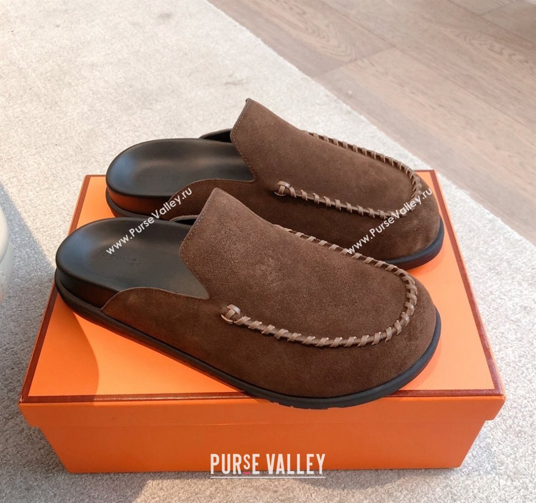 Hermes Johan Flat Mules in Suede Dark Brown 2025 0418 (XC-250418120)