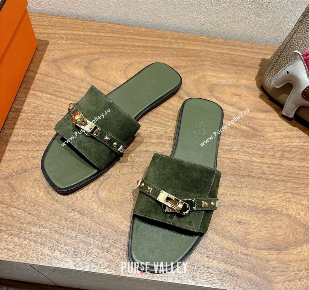 Hermes Giulia Flat Slides Sandal in Suede with Kelly Buckle and Studs Olive Green 2025 0421 (XC-250421005)