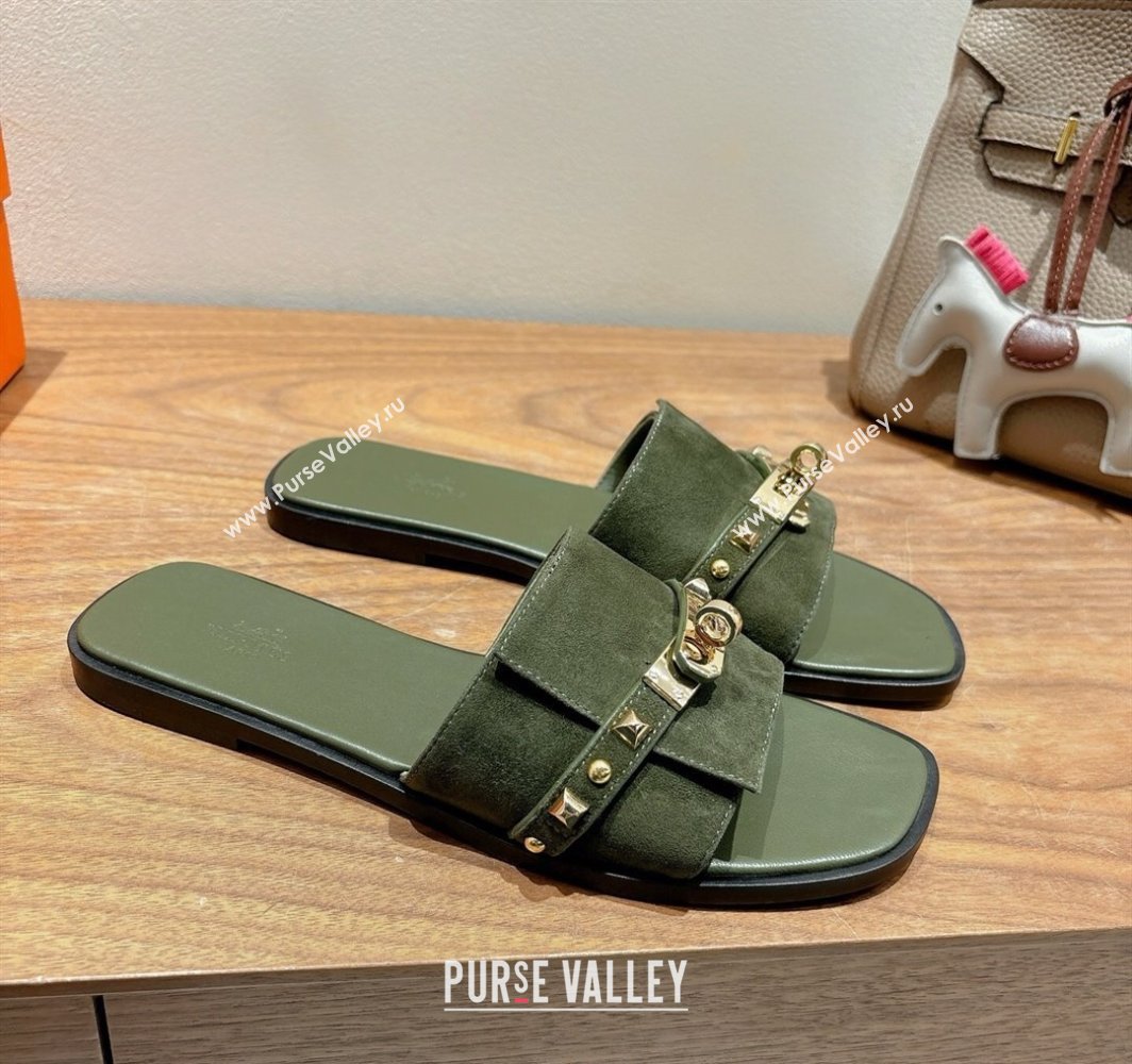 Hermes Giulia Flat Slides Sandal in Suede with Kelly Buckle and Studs Olive Green 2025 0421 (XC-250421005)