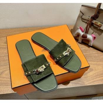 Hermes Giulia Flat Slides Sandal in Suede with Kelly Buckle and Studs Olive Green 2025 0421 (XC-250421005)