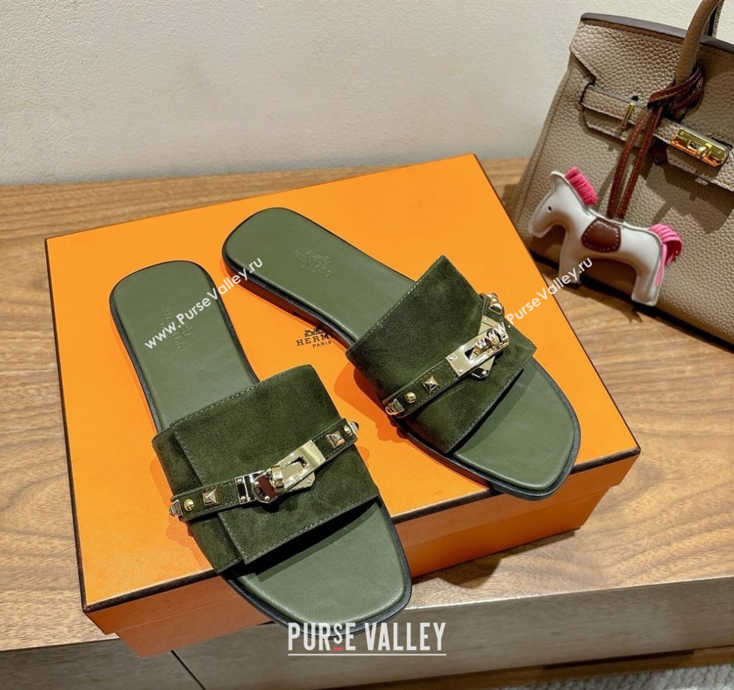 Hermes Giulia Flat Slides Sandal in Suede with Kelly Buckle and Studs Olive Green 2025 0421 (XC-250421005)