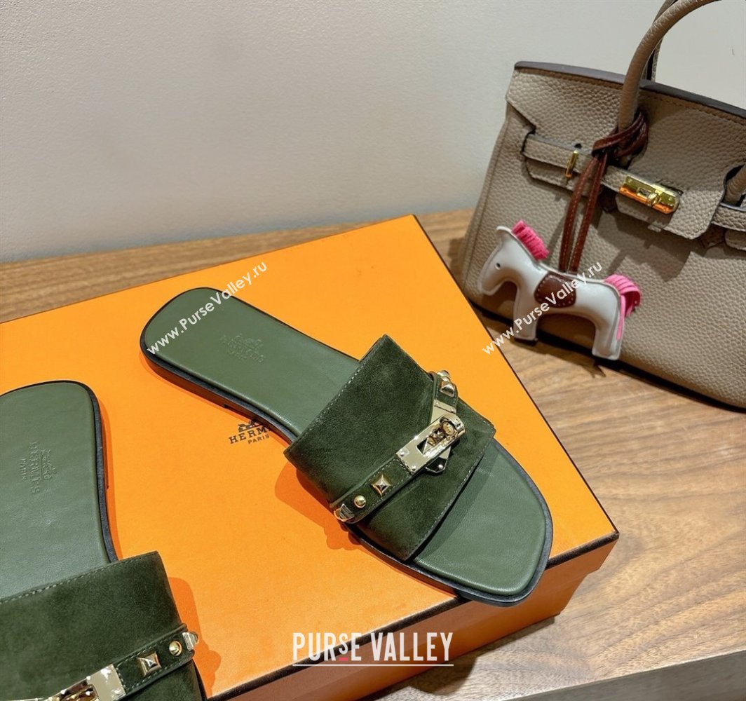 Hermes Giulia Flat Slides Sandal in Suede with Kelly Buckle and Studs Olive Green 2025 0421 (XC-250421005)