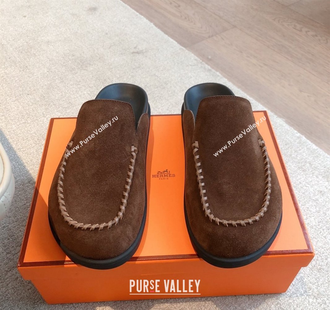Hermes Johan Flat Mules in Suede Dark Brown 2025 0418 (XC-250418120)