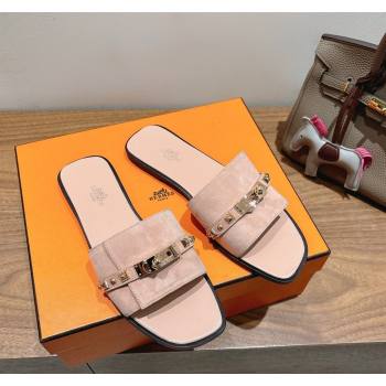 Hermes Giulia Flat Slides Sandal in Suede with Kelly Buckle and Studs Light Pink 2025 0421 (XC-250421004)